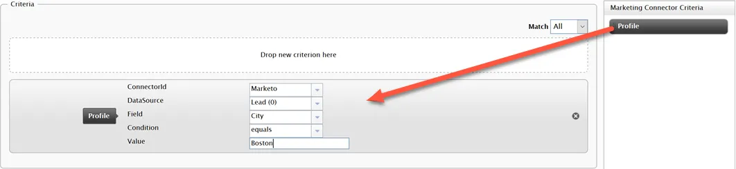 Drag and drop Profile criteria into Criteria box. Drag and drop Profile criteria into Criteria box.