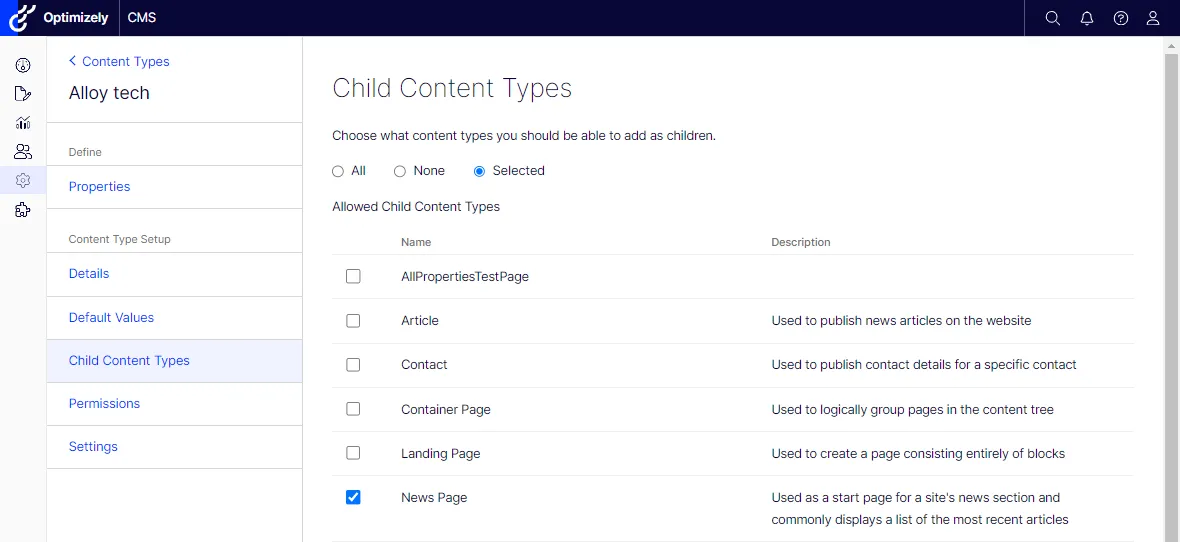 Set values on the Child Content Types tab. Set values on the Child Content Types tab.