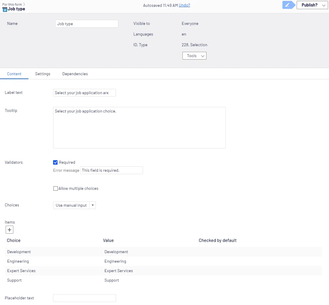 Selection element, Content tab Selection element, Content tab