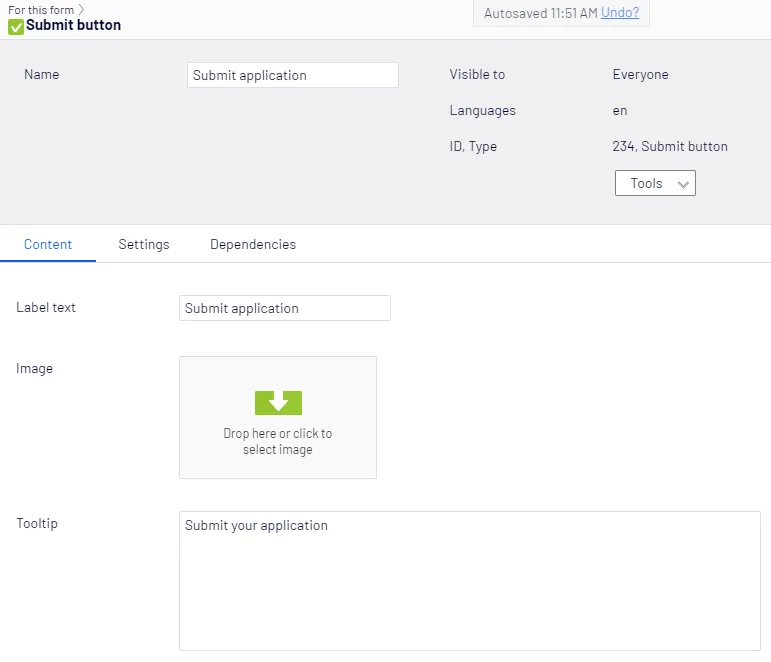 Submit button, Content tab Submit button, Content tab