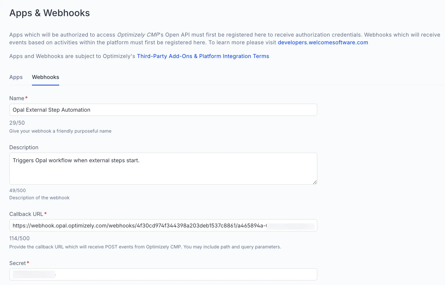 Screenshot of the CMP General Webhook configuration form showing the Callback URL and Secret fields completed