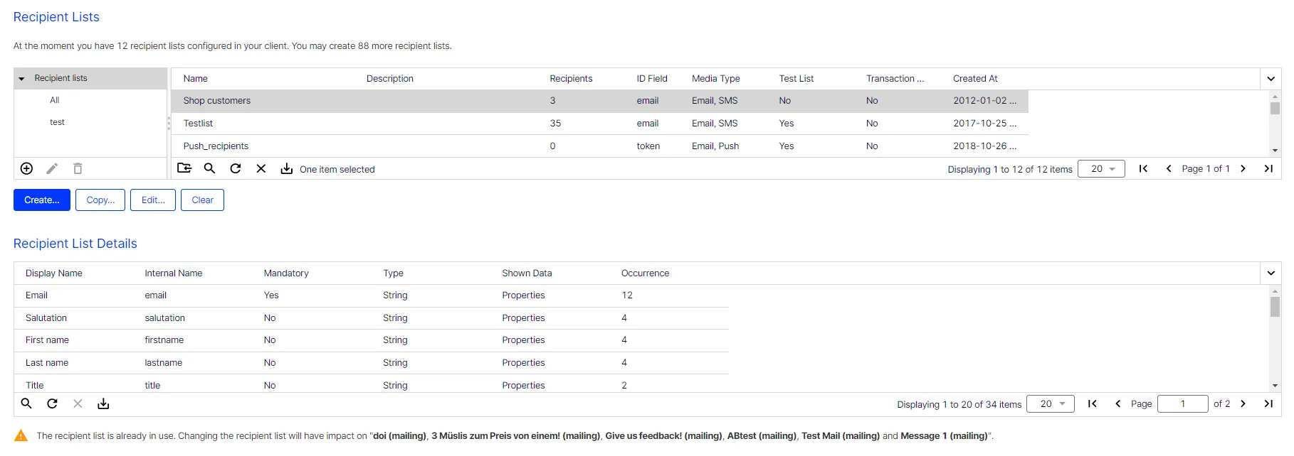 Image: Recipient list overview Image: Recipient list overview