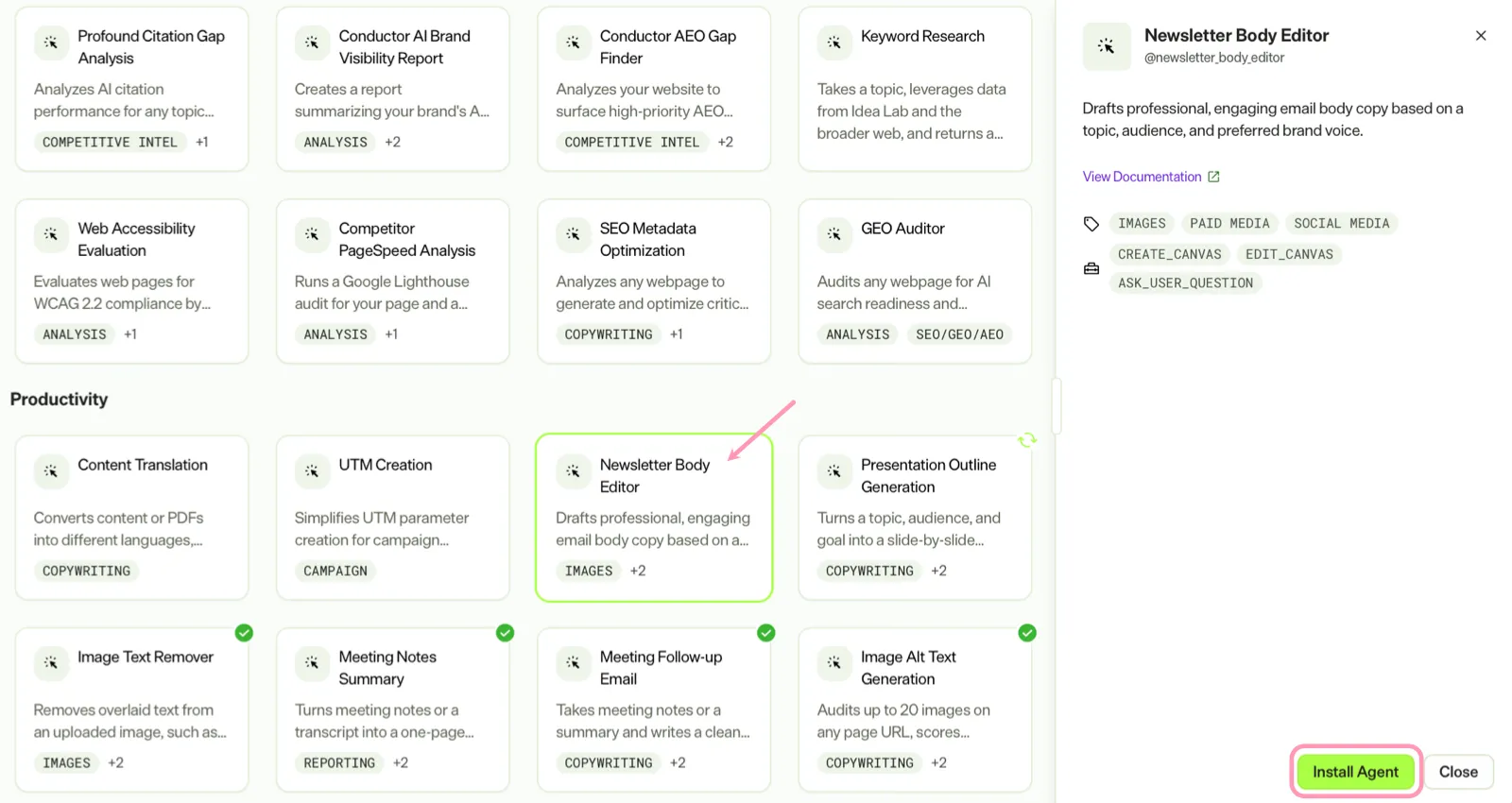 Screenshot of the Agent Directory with the Newsletter Body Editor agent selected and Install Agent highlighted Screenshot of the Agent Directory with the Newsletter Body Editor agent selected and Install Agent highlighted