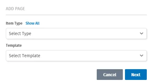 Add New Page menu, options to select Page Type and Template. Add New Page menu, options to select Page Type and Template.