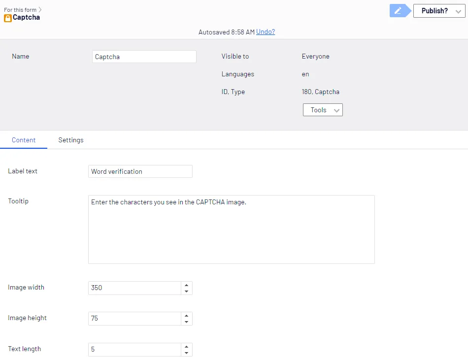 Captcha element, Content tab Captcha element, Content tab