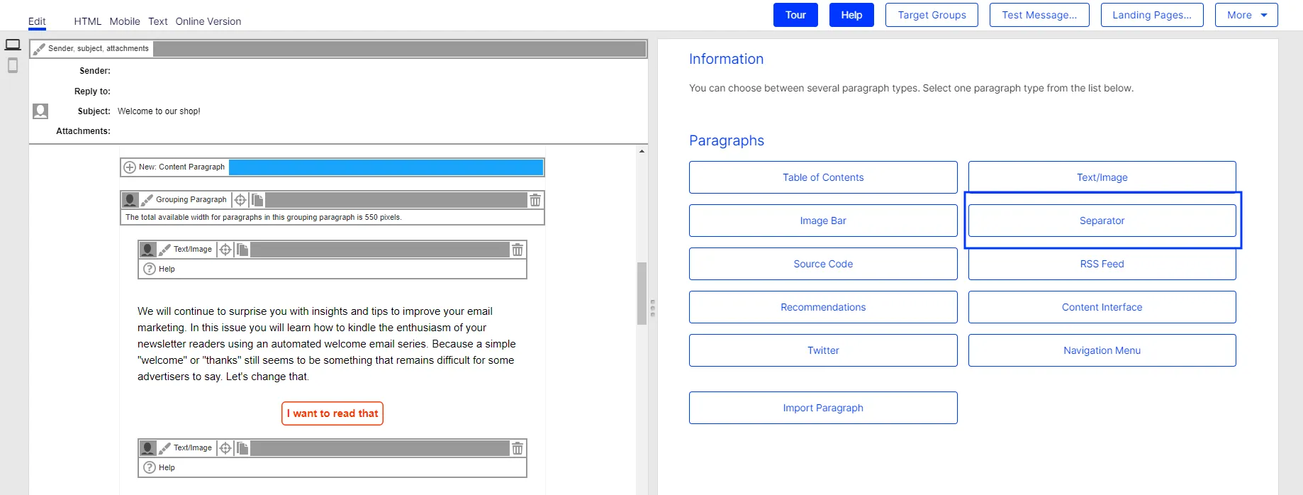 Image: Select Separator paragraph Image: Select Separator paragraph