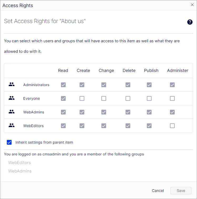access rights dialog box