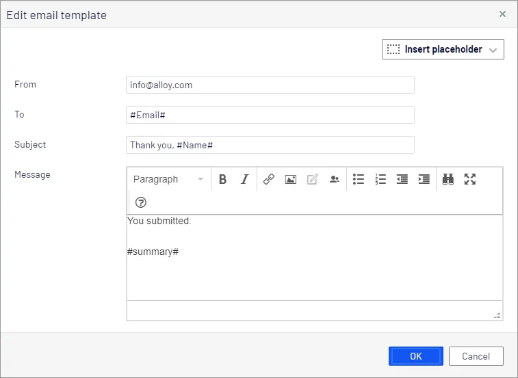 Create email template dialog box Create email template dialog box