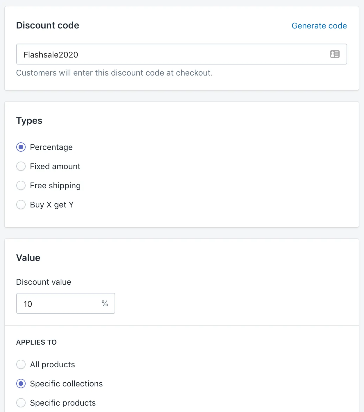 Shopify discount code configuration