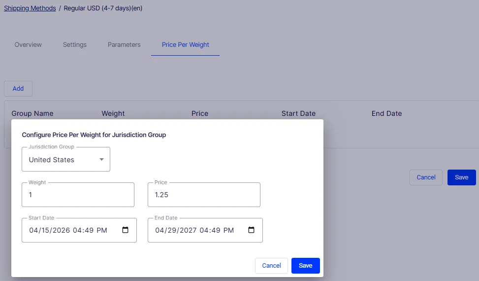 Price Per Weight tab showing the Configure Price Per Weight for Jurisdiction Group modal with Jurisdiction Group, Weight, Price, Start Date, and End Date fields