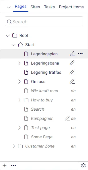 If your master language is English and you switch to Swedish, pages not yet translated
into Swedish are displayed in italics in the page tree If your master language is English and you switch to Swedish, pages not yet translated
into Swedish are displayed in italics in the page tree