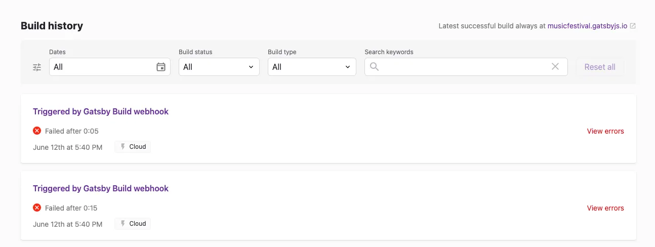screenshot of Gatsby Cloud build status page confirming a successful build triggered by the webhook event screenshot of Gatsby Cloud build status page confirming a successful build triggered by the webhook event