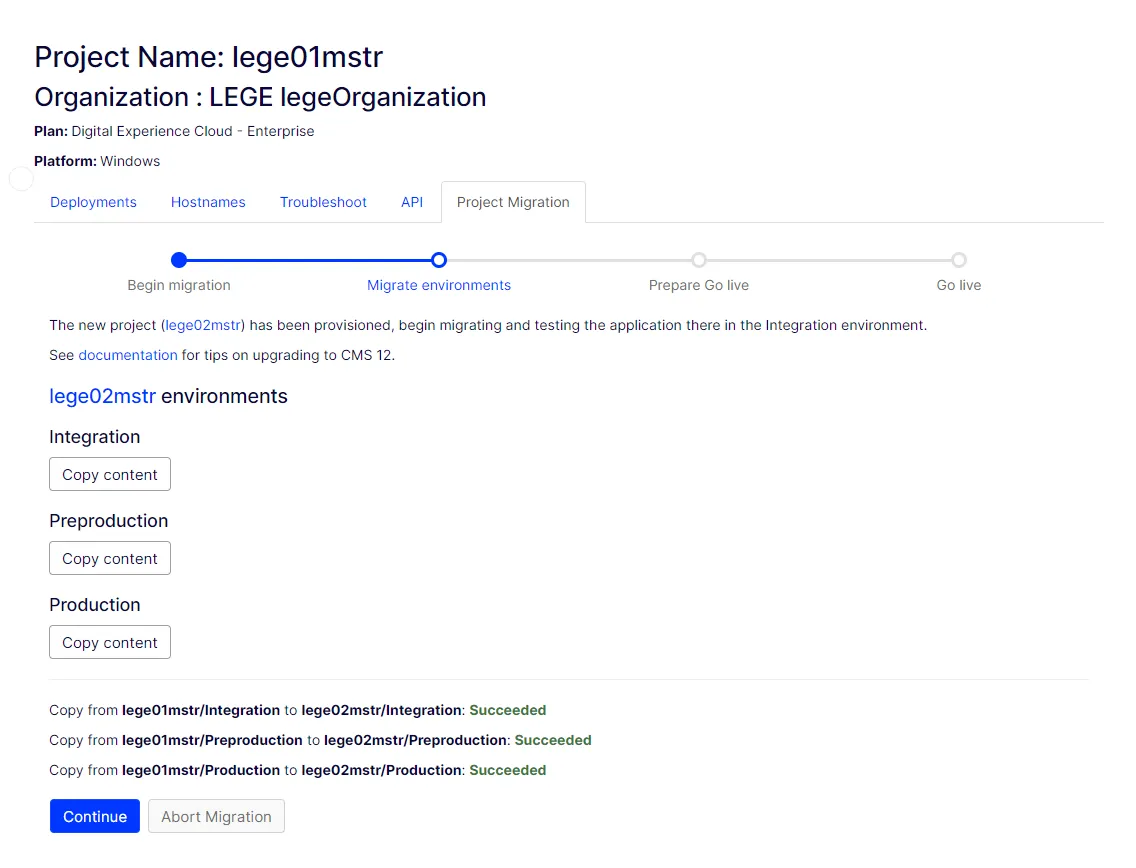 Screenshot of the Project Migration copy-content controls where content is copied from the source project to the target project