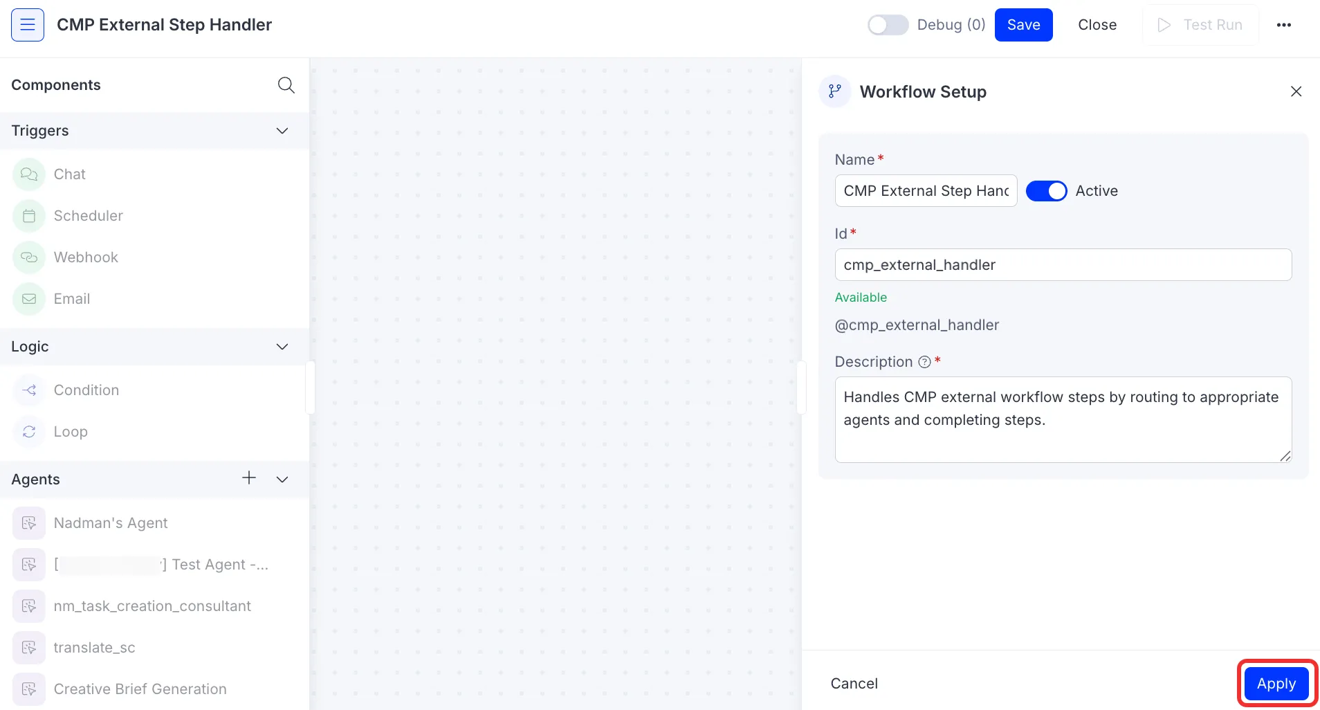 Screenshot of the Opal workflow agent configuration panel with Name, Id, and Description fields completed