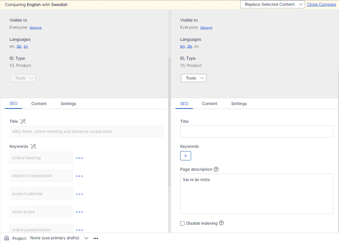 Edit the content in the selected language.