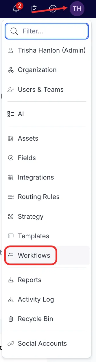 Screenshot of the CMP Settings menu with Workflows highlighted