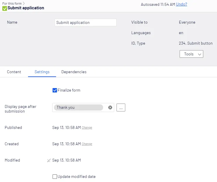 Submit button, Settings tab Submit button, Settings tab