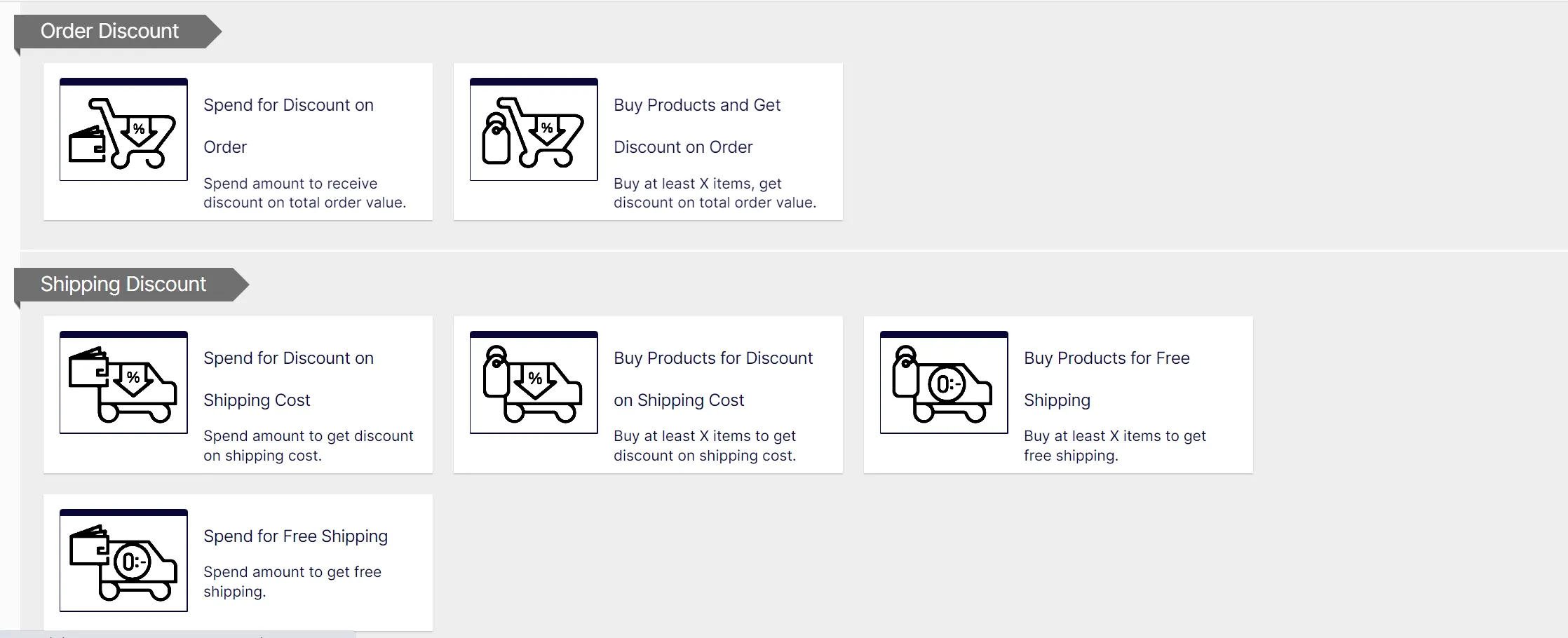 Screenshot of additional discount type options in Commerce Connect where marketers choose a built-in discount template Screenshot of additional discount type options in Commerce Connect where marketers choose a built-in discount template
