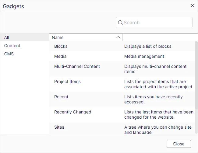 CMS12 gadgets dialog box
