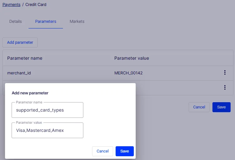 Parameters tab on a payment record showing key-value pairs assigned to the payment gateway