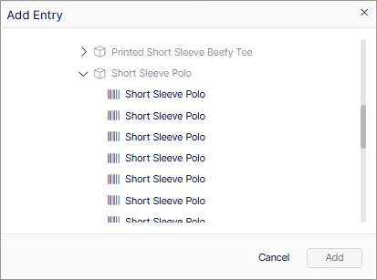 Screenshot of the Add Entry window showing Short Sleeve Polo variants selected for inclusion in a package. Screenshot of the Add Entry window showing Short Sleeve Polo variants selected for inclusion in a package.