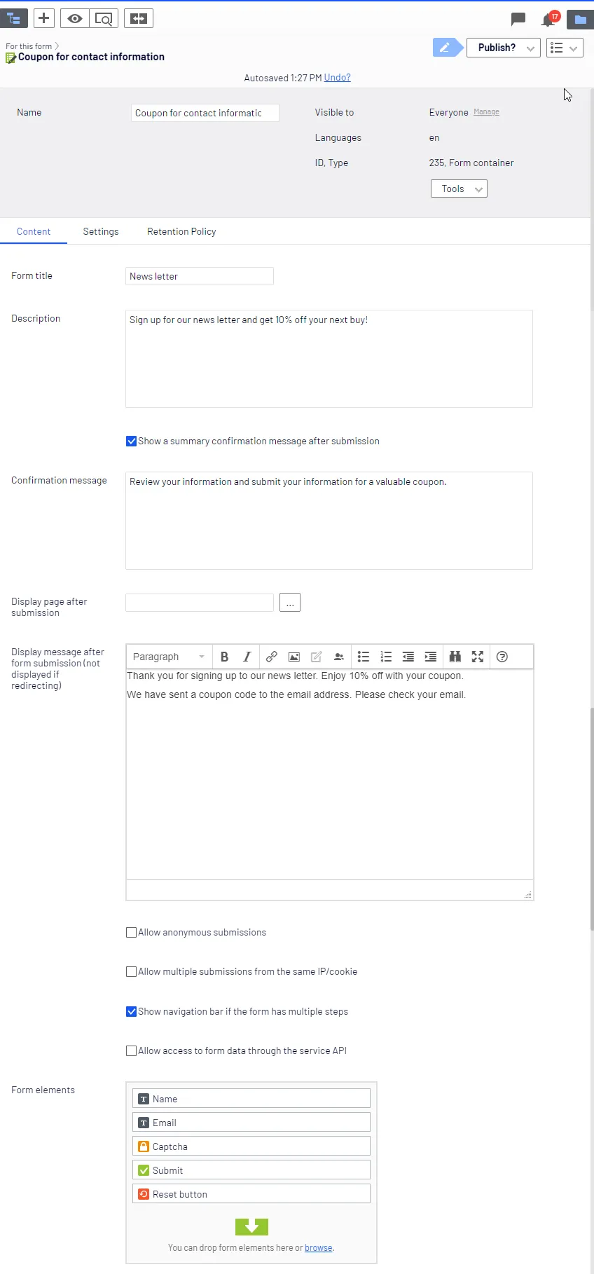 New form container Content tab New form container Content tab