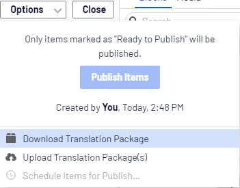 A
zip file containing XLIFF-formatted content is downloaded, and you can send
the package for tool translation.