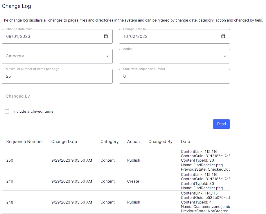 Settings Change log