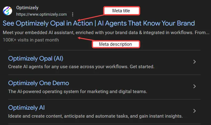 Screenshot of search engine results page where the meta title and description display for a website listing Screenshot of search engine results page where the meta title and description display for a website listing