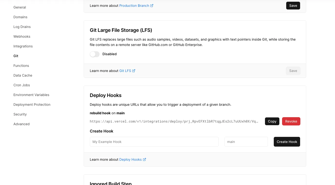 screenshot of Vercel deploy hook configuration page where the name and target branch are set