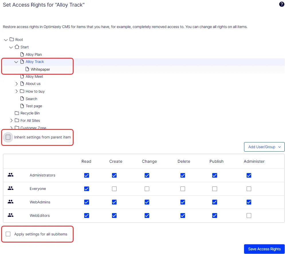 Set access rights for Alloy Track content