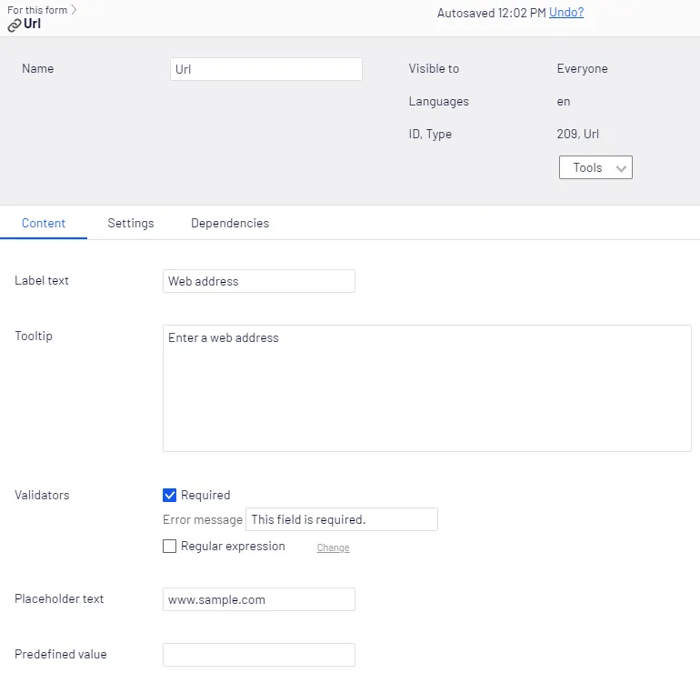 Url element, Content tab Url element, Content tab