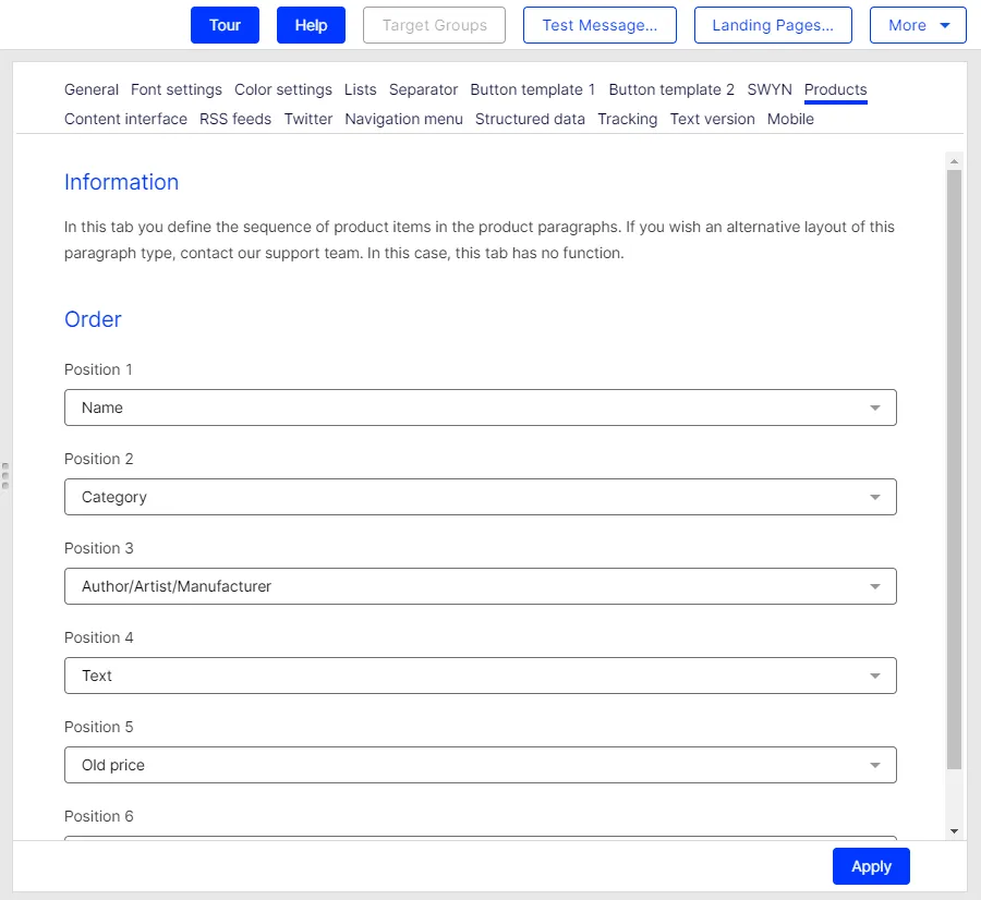 Image: Product tab, Order area
