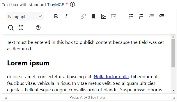 TinyMCE Toolbar standard TinyMCE Toolbar standard