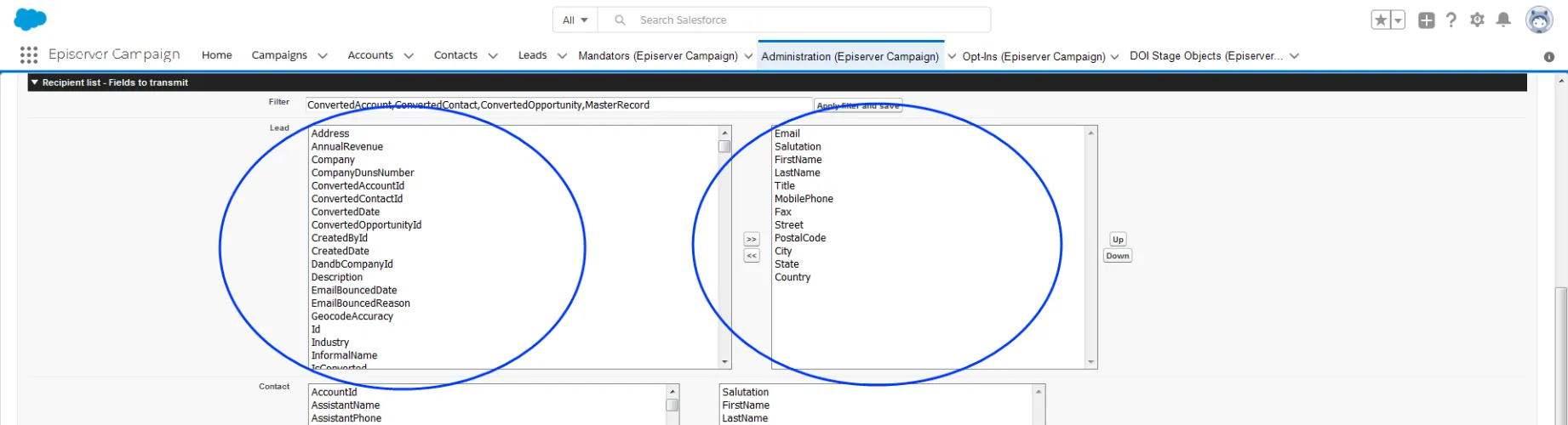 Image: Transfered data fields Image: Transfered data fields