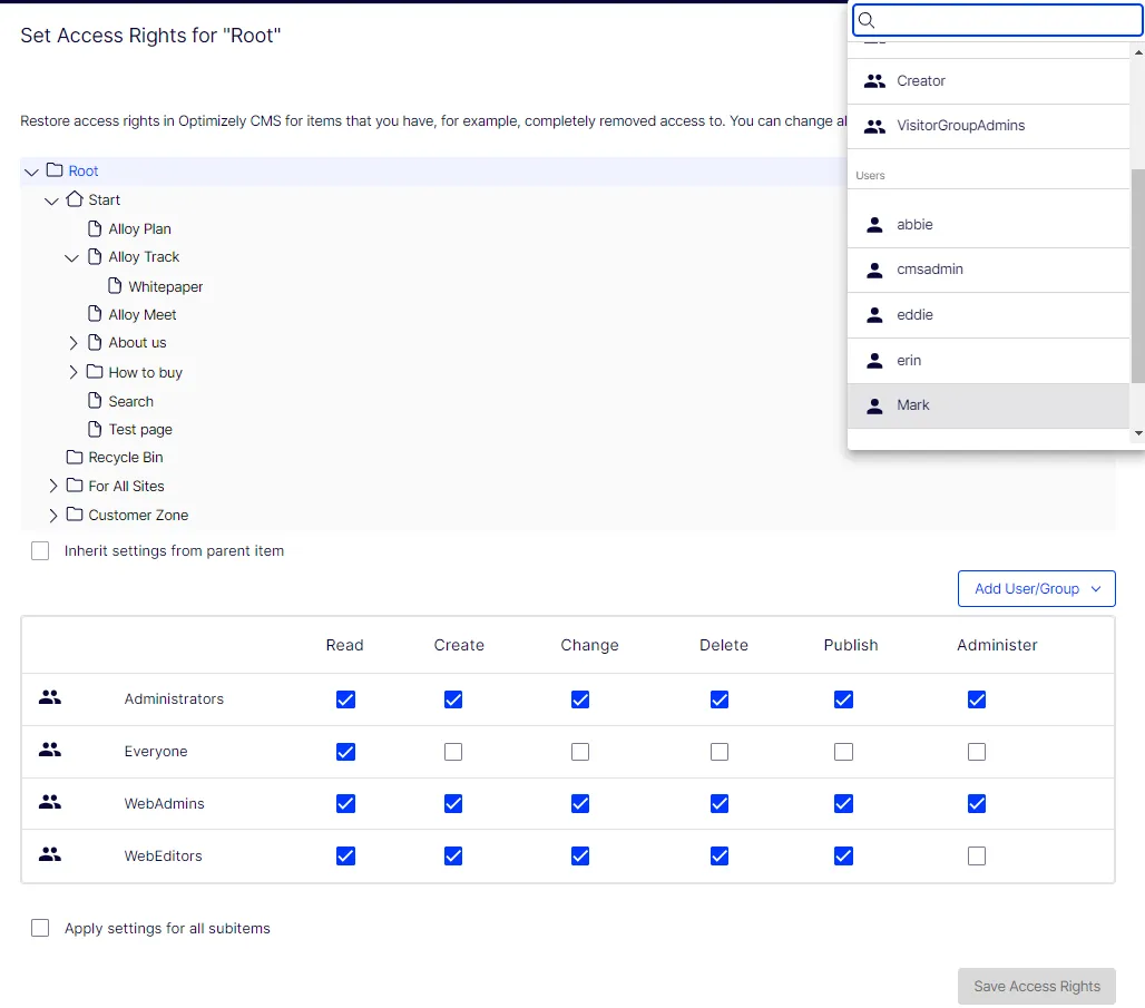 Set access rights for users and groups