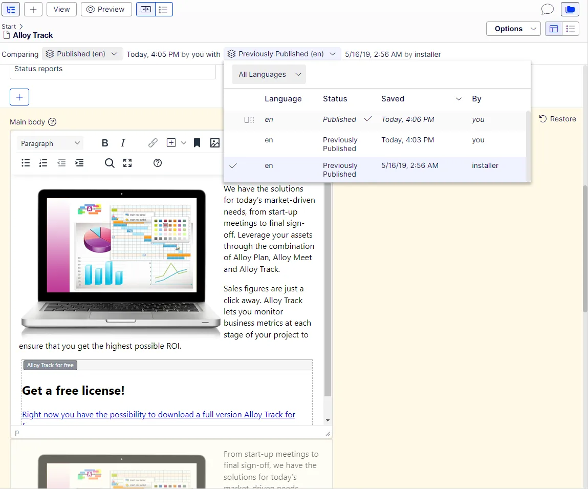Compare content in on-page edit view Compare content in on-page edit view