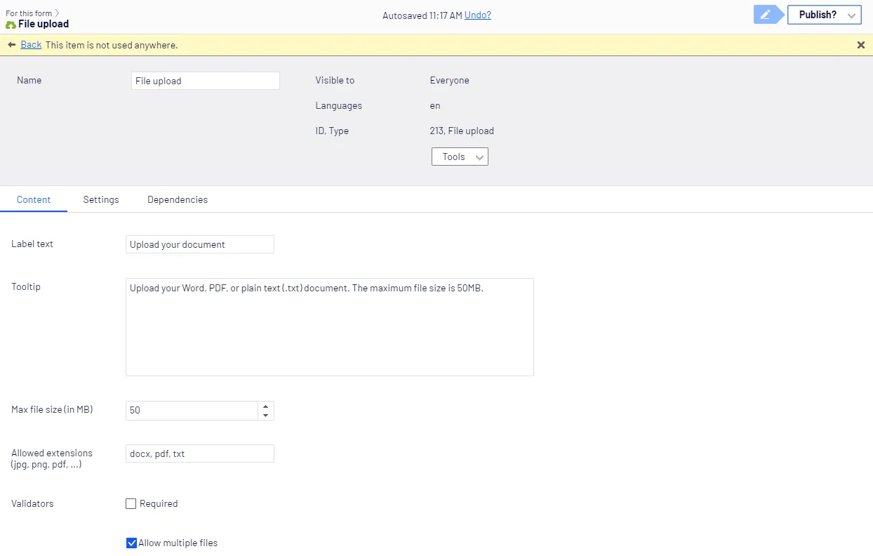 File upload element, Content tab File upload element, Content tab