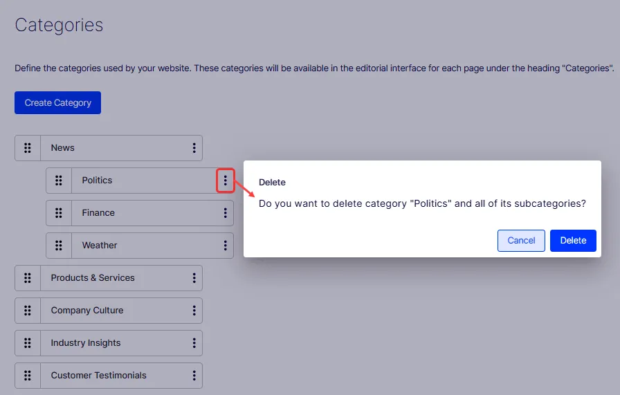 Screenshot of the delete confirmation dialog asking the user to confirm deletion of the selected category Screenshot of the delete confirmation dialog asking the user to confirm deletion of the selected category