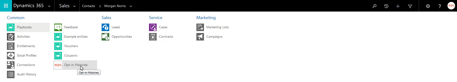 Image: Campaign opt-in history in Microsoft Dynamics menu Image: Campaign opt-in history in Microsoft Dynamics menu
