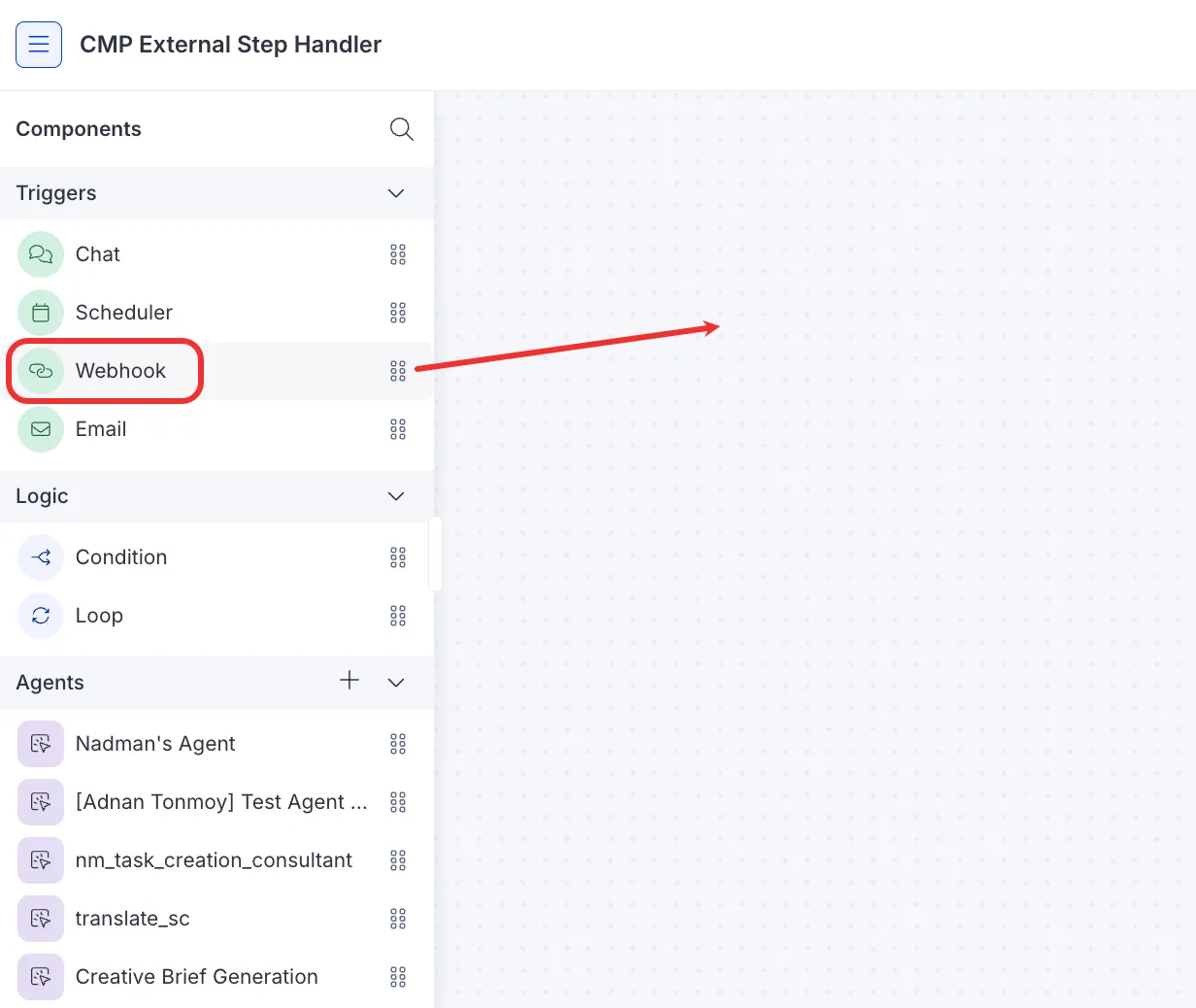 Screenshot of the Opal workflow editor showing a Webhook trigger block added to the canvas