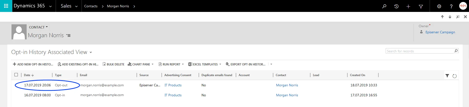 Image: Most recent entry in the opt-in history Image: Most recent entry in the opt-in history