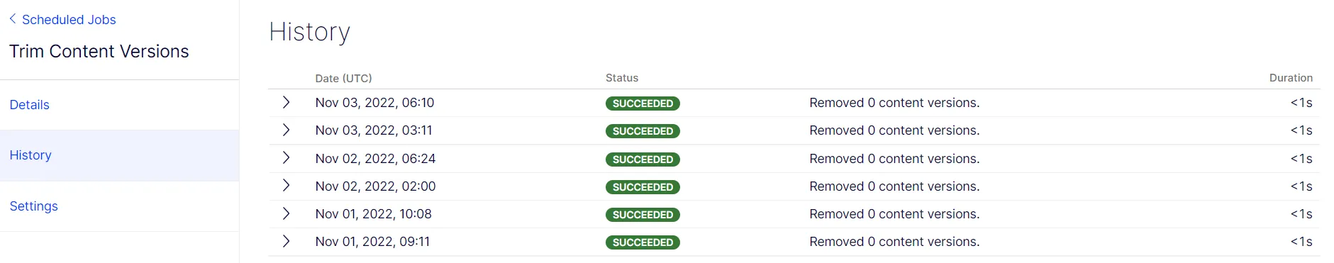 Scheduled Job History tab