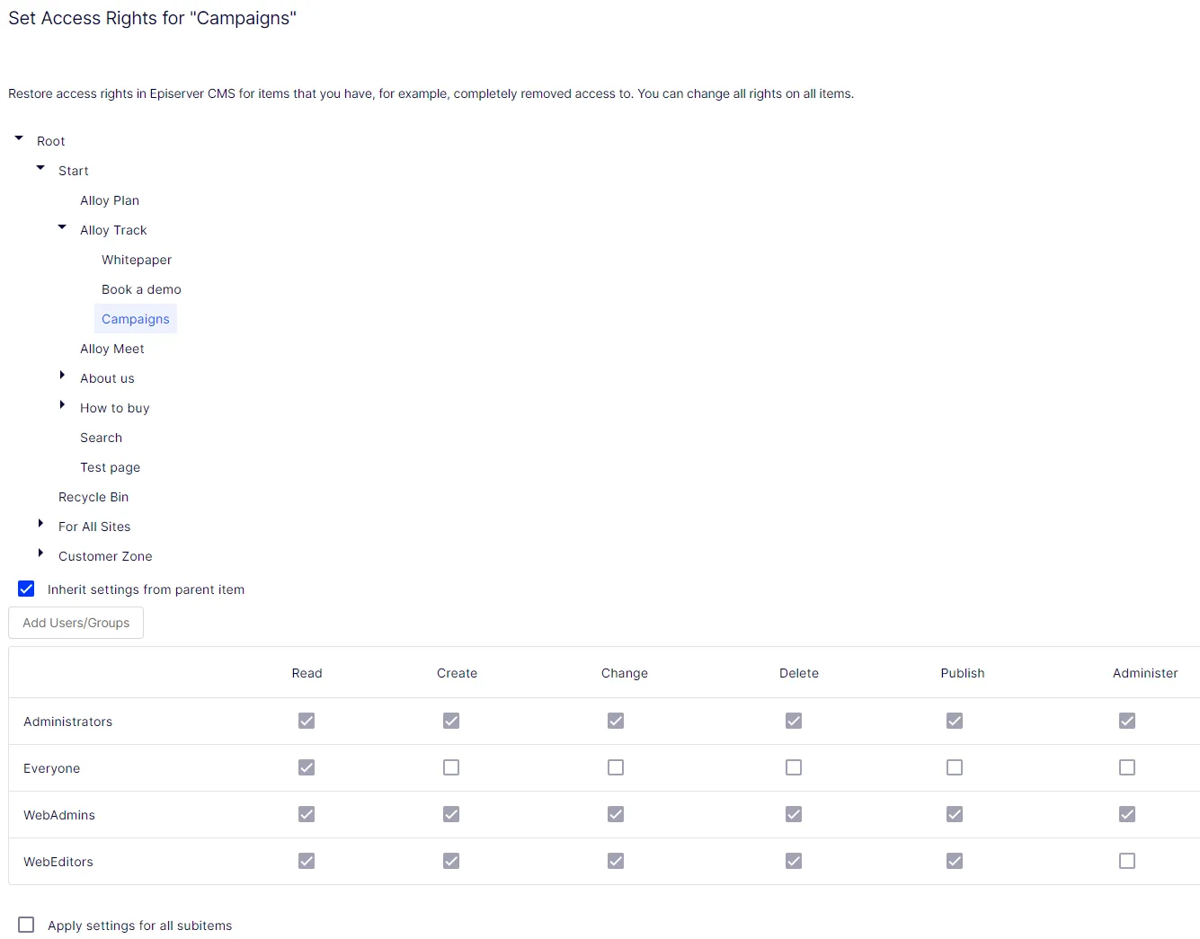 Set access rights for campaigns