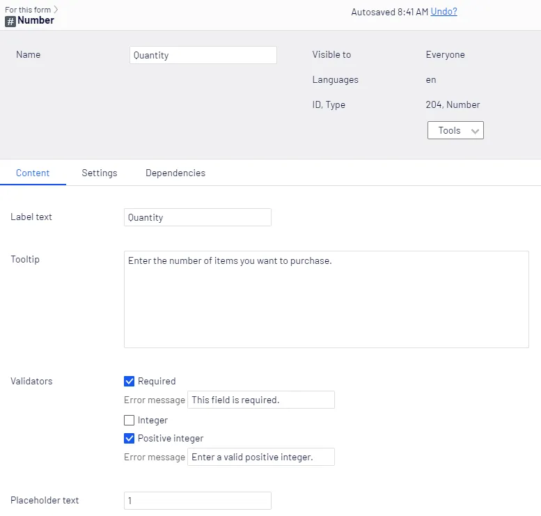 Number element, Content tab Number element, Content tab
