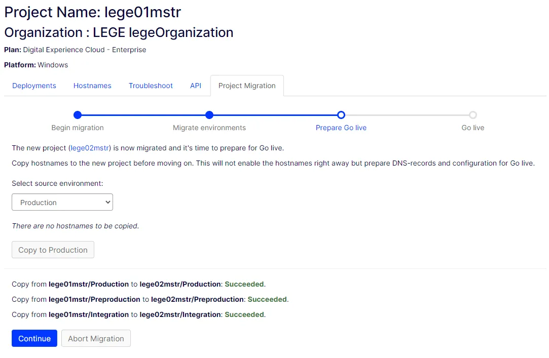 Screenshot of the Project Migration hostname controls where hostnames are copied to the target project