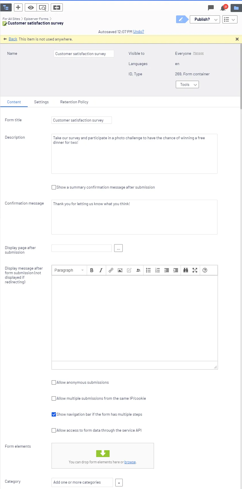 Form container settings Form container settings
