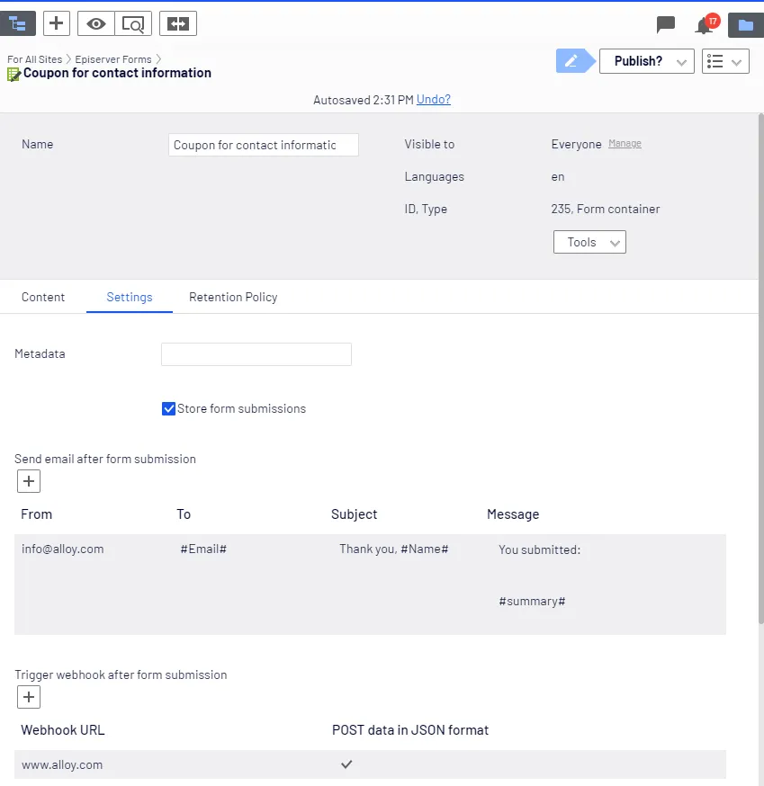 New form container Settings tab New form container Settings tab