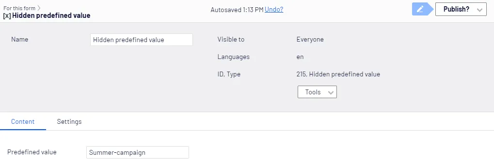 Hidden predefined value element, Content tab Hidden predefined value element, Content tab