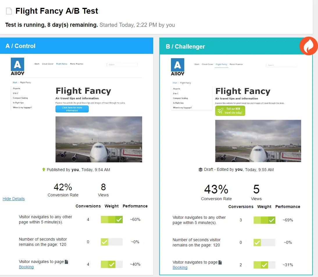 A/B test results screen A/B test results screen